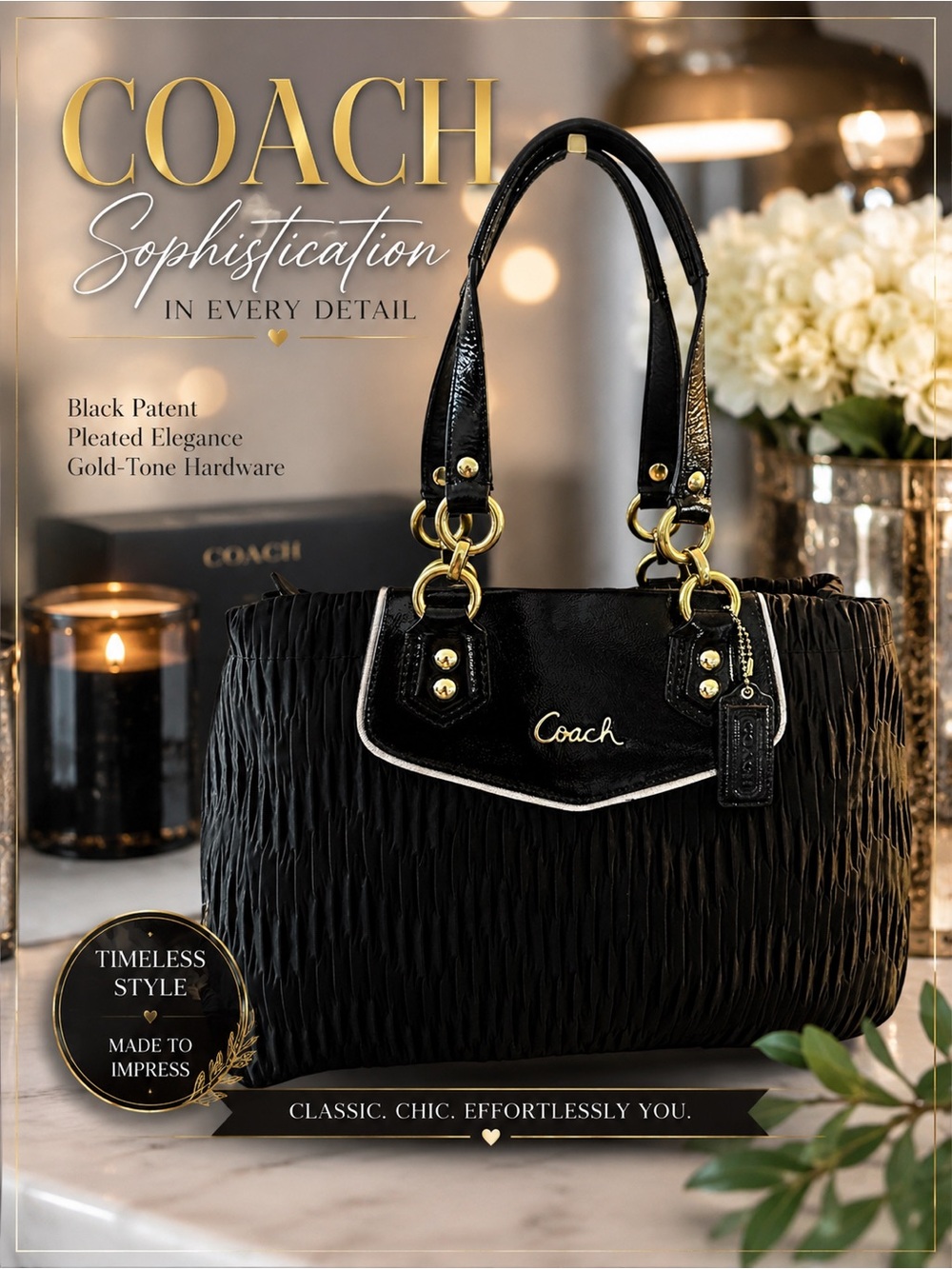Coach Ashley 2012 Black Patent Pleated Shoulder Bag F20050 | Gold Hardware